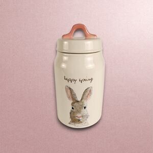 Rae Dunn Happy Spring Bunny Rabbit Canister Ivory Pink Handle 7.5" x 4